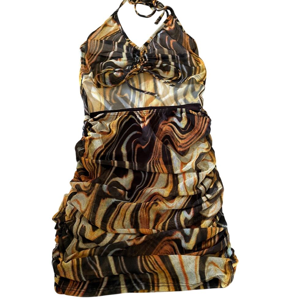 90s Vintage Clubwear | Lips Inc. Swirl Sheer Mesh Ruched Mini Dress liner Small